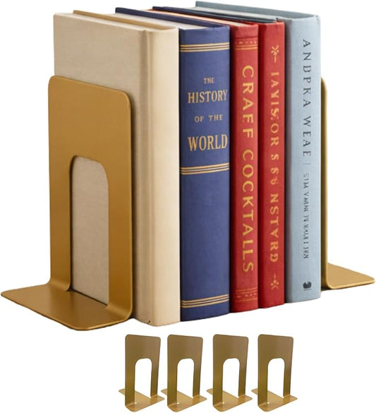 Alessk Dark Matte Gold Metal Bookends for Shelves – Heavy Duty Decorative Bookends for Heavy Books – Modern Book Ends for Office Bookshelf- has 3 Non-Slip Pads at the Bottom – 2Pairs (4 Pieces)