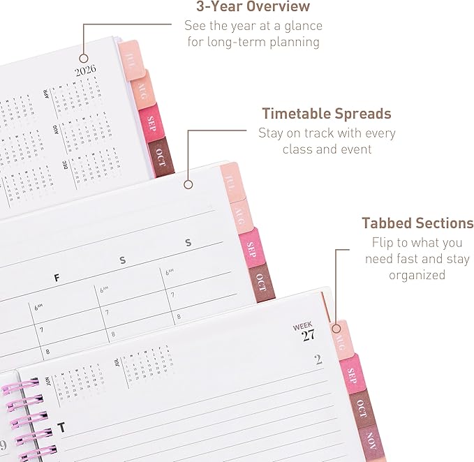 Rileys Academic Planner 2026-2027, Daily, Weekly & Monthly Planner, July 2026 - June 2027, Student Notes Pages, Twin-Wire Binding, Weekly Agenda for School & Work (8 x 6-Inches, Diagonal, Pink)