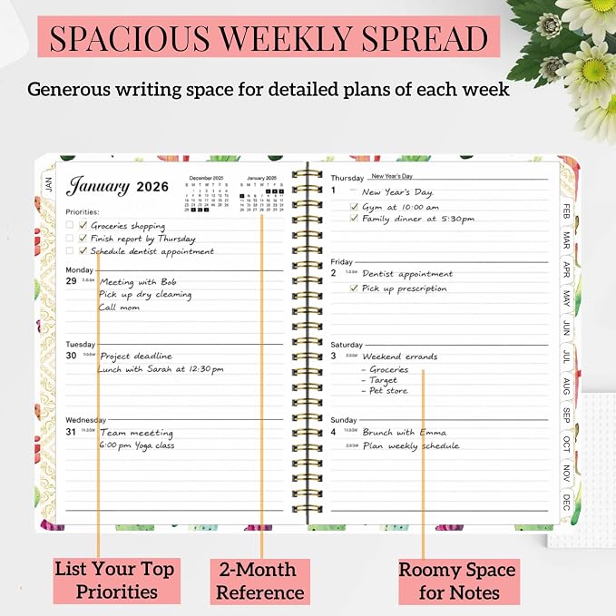 2026 Planner Weekly and Monthly,A5 Hardcover Calendar Jan 2026 to Dec 2026,Cute Cactus Aesthetic Agenda with Tabs,100GSM Thick Paper,Back Pocket & Elastic Closure for Women Teacher Student