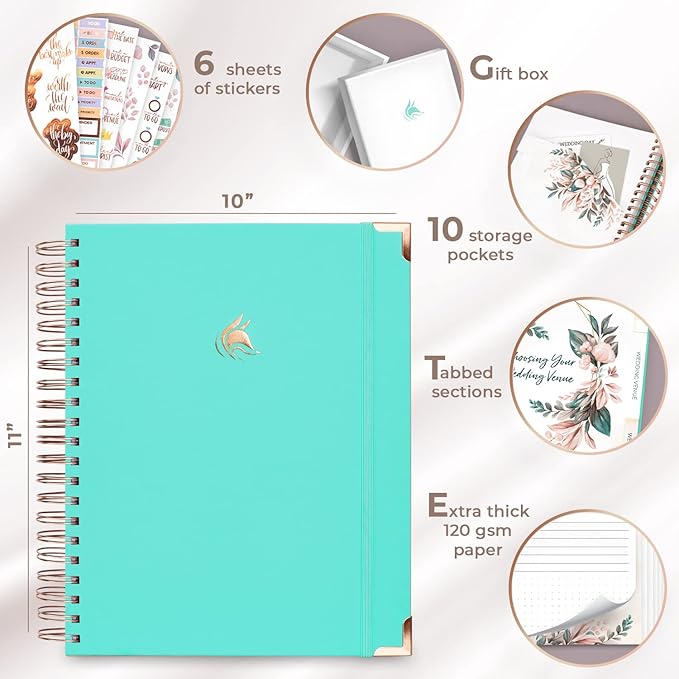 Clever Fox Wedding Planner – Notebook Organizer for Bride – Wedding Planning Binder Book with Pockets – Engagements Gift, 10x11″ (Turquoise)