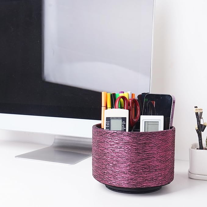 Round Leather Art Supply Organizer,Remote Control Holder,360-degree Rotating Pen Organizer with 4 Compartments(1-Light Tree Pink)