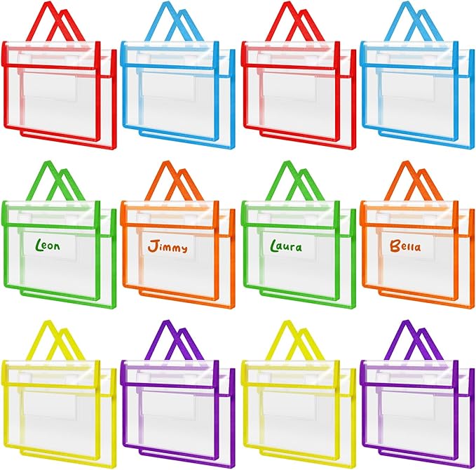 Teling 24 Pack Thick Clear Book Pouches with Blank Name Tags and Handles Book Baggies Bags Bins Organizer for School Classroom Library Pockets Students (14 x 11 Inch,Stylish Color)