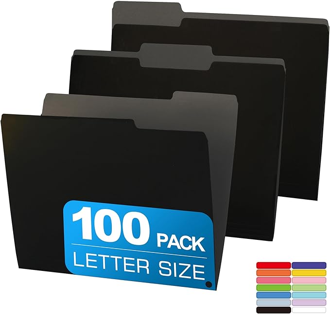 100 Packs Colored File Folders,Black File Folders,Two Tone Color File Folder 8.5 x 11 Inch,1/3 Cut Tabs Letter Size,Manila File Folders for Office,School and Home,Organization