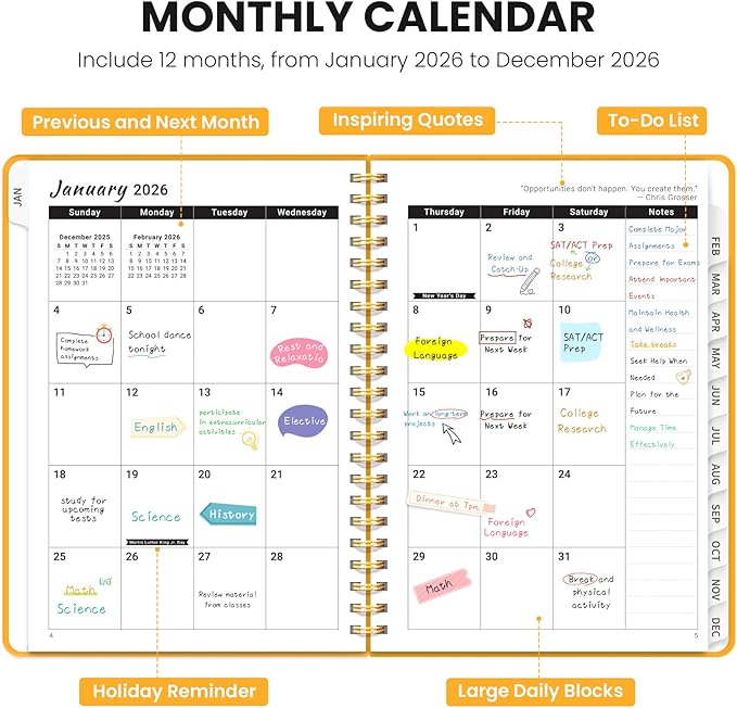 2026 Planner - Weekly and Monthly Planner, January 2026 to December 2026, Spiral Bound 2026 Calendar Planner Book, Inner Pocket, Perfect for Office Home School Supplies - A4 (8.5" x 11"), Yellow