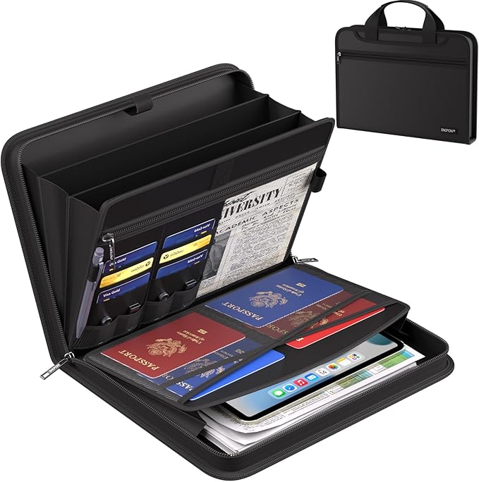 ENGPOW Document Organizer Folder, Fireproof Expanding File Folder with Multi Pockets, 3 Pockets File Organizer with Handle, Portable Home Travel Safe Storage for Important Documents, Passport, Laptop