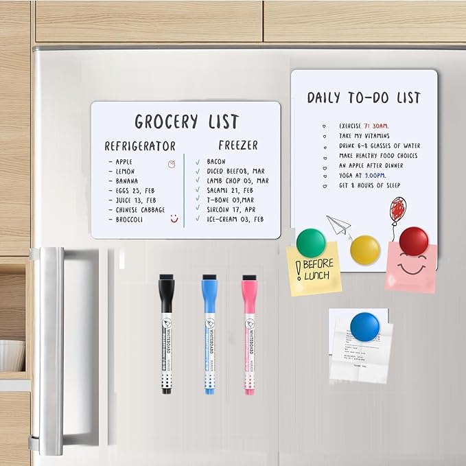 Magnetic Fridge Whiteboard Set: Dry Erase White Board (12X8"), Magnets ( Bonus), Markers & Erasers