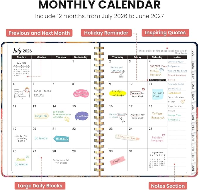 2026–2027 Academic Planner, Weekly and Monthly Planner for Women, July 2026 - June 2027, Pretty Hardcover 2026–2027 Academic Planner with Tabs, Inner Pocket, Spiral Bound, Perfect Office Home School Supplies - 6.3" x 8.5", Mushroom Party