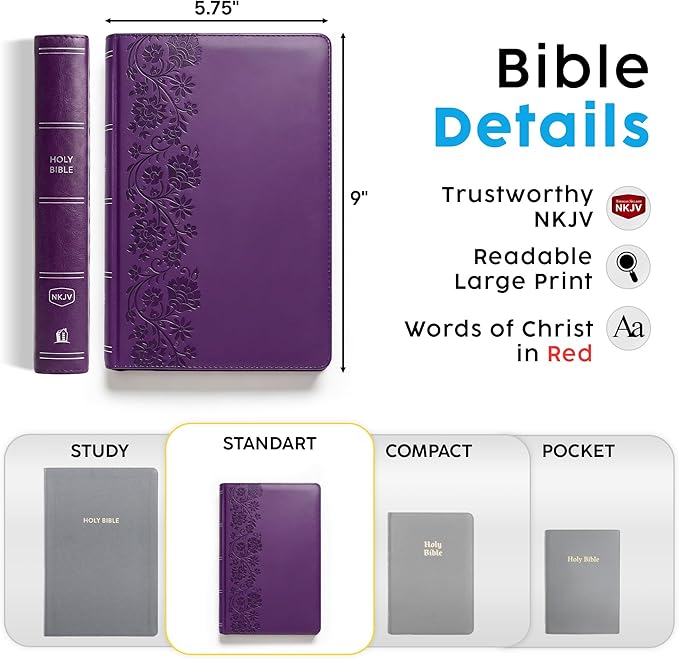 Personalized NKJV Reference Bible, Custom Name Text & Design, New King James Version, Large Print, Red Letter, Cross References, Faux Leather Purple, Baptism Confirmation Gift