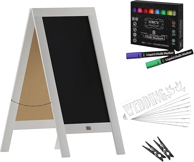 A Frame Chalkboard with Chalk Markers by HBCY Creations: 40x20 Solid Wood A-Frame Sign White Double-Sided Magentic Menu Board, Deluxe Set Includes 8 Chalk Markers, 10 Stencils, 2 Magnets