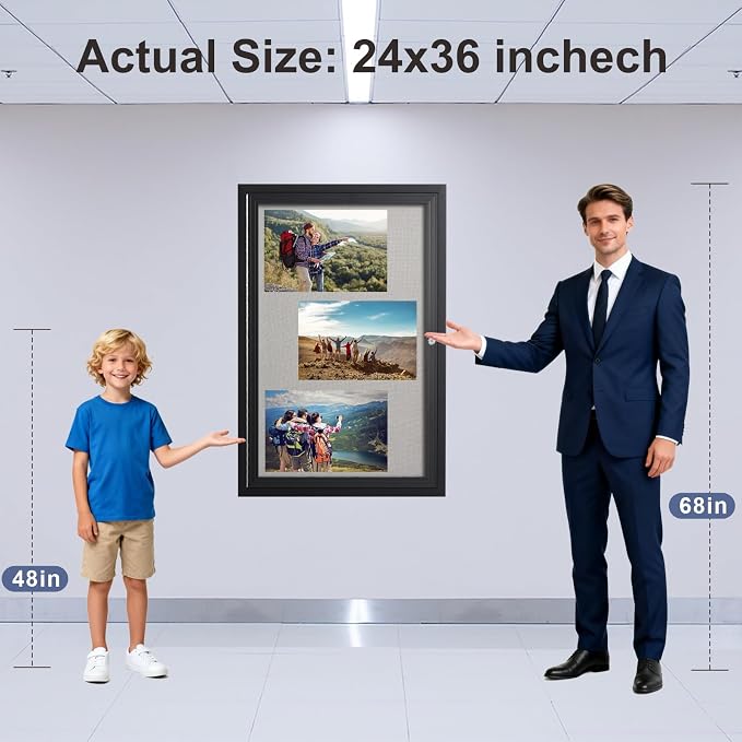 36×24 Inch Lockable Enclosed Bulletin Board, Weather-Resistant Outdoor Noticeboard with Locking Doors, Wall-Mounted Black Aluminum Frame & Grey Felt Presentation Board