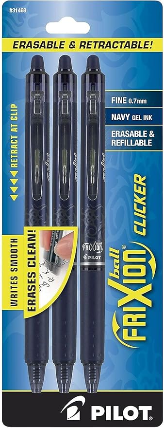 PILOT FriXion Clicker Erasable Pens, Refillable & Retractable Gel Ink Pens, Fine Point 0.7 mm, Navy Ink, 1-Pack (Pack of 3) - Ideal for School, Journaling, & Office Writing