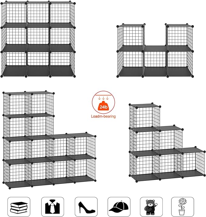 HUBSON Wire Cube Storage Organizer, Book/Toy/Craft/Potted Plants and petCloset Organizers and Storage Shelves 20-Cube Freely Combinable Metal Grids Storage Shelf,Black Plus Iron