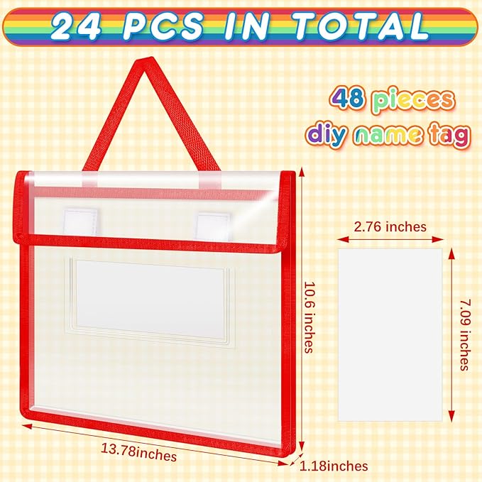Teling 24 Pack Thick Clear Book Pouches with Blank Name Tags and Handles Book Baggies Bags Bins Organizer for School Classroom Library Pockets Students (14 x 11 Inch,Stylish Color)
