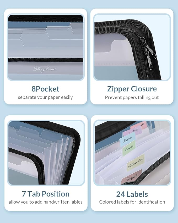 SKYDUE Accordion File Organizer, 7 Pocket Expanding File Folder with Front Pocket, Letter Size, Important Document Organizer with Double Zipper,Travel Folder, School Office Supplies
