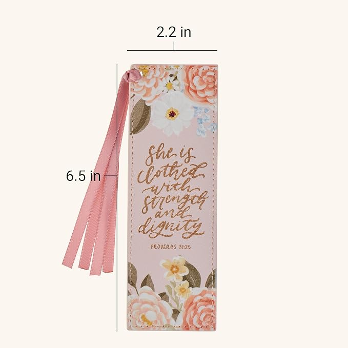 Christian Art Gifts Premium Vegan Leather Inspirational Scripture Bookmark for Women: Strength & Dignity Encouraging Bible Verse, Satin Ribbon, Reading Accessory, Books, Bibles, Pink Multicolor Floral