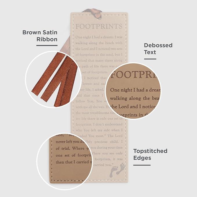 Christian Art Gifts Vegan Faux Leather Scripture Bookmark for Men and Women: Footprints in The Sand - Inspirational Poem Heat-Debossed, Faith-Based Reading Book Accessory with Ribbon Tassel, Brown