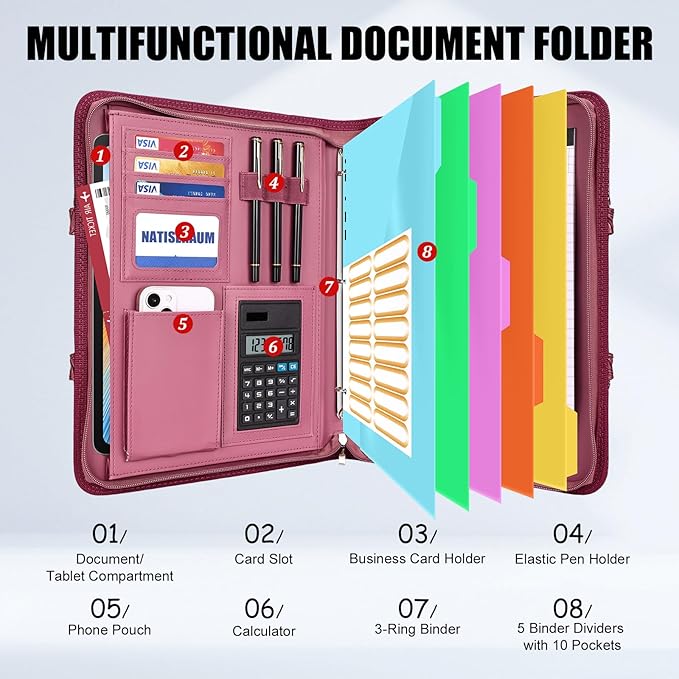 Portfolio Binder 3 Ring Includes Pen and 5 Dividers with 10 Pockets, Padfolio Organizer with Zipper for Men and Women, Includes A4 Notepad for Business, School, Work
