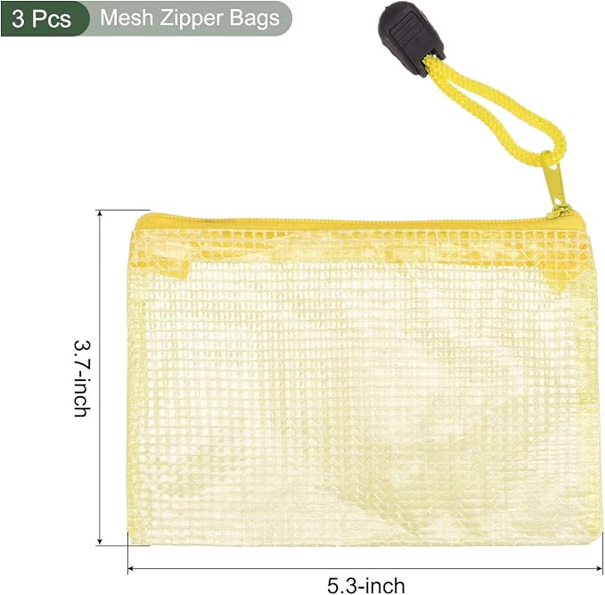 YOKIVE 3 Pack Mesh Zipper Bags, B8 Mesh File Pockets | Plastic Document Pouch, Great for Office Appliances Travel Storage(Yellow)