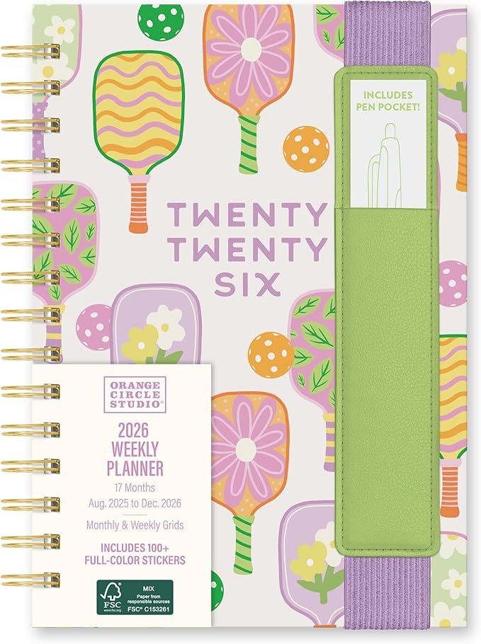 Orange Circle Studio 2026 Planner, Pickleball Rally, Oliver Planners, Wire-O Bound Monthly Calendar Book, Appointment, Goal & Budget Trackers, Includes 100 Full Color Stickers
