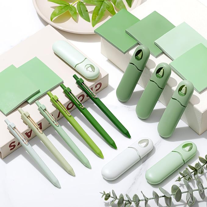 Sayglossy 18 Pcs Aesthetic School Supplies Christmas Green Gifts Set for Women Self Sticky Notes Black Ink Ballpoint Pens Correction Tape for Office Stationery Holiday Cute Desk Accessories