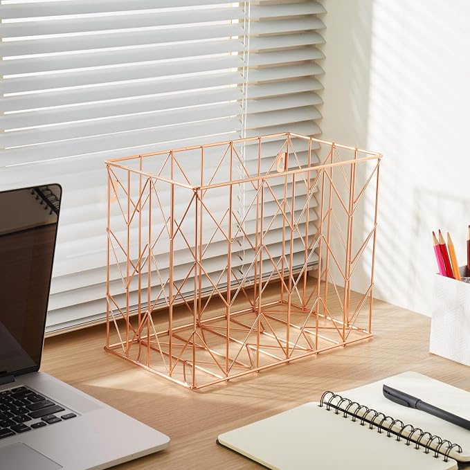 1 Pack Rose Gold Hanging File Organizer, Decorative Metal File Storage Basket for Letter Size Folders, Desk Organizer for Home Office