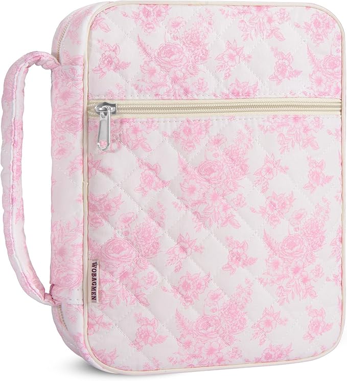 WOBAGMEN Bible Cover Case for Women,Large Bible Tote Bags Organizer Quilted Carrying Case for Girls,Bible Study Supplies Accessories Christian Gifts for Women (Elegant Pink Floral, M)