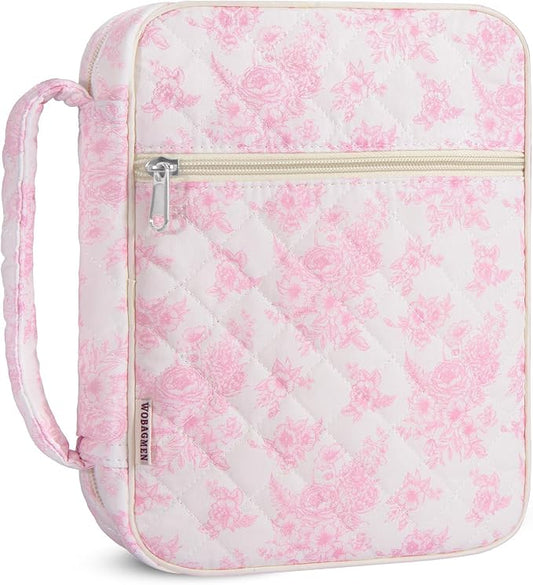 WOBAGMEN Bible Cover Case for Women,Large Bible Tote Bags Organizer Quilted Carrying Case for Girls,Bible Study Supplies Accessories Christian Gifts for Women (Elegant Pink Floral, M)