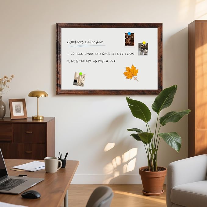 Large White Board for Wall, 36''x24'' Magnetic Dry Erase Board, Decorative Whiteboard with Brown Vintage Wooden Frame, Hanging Writing Board for Home Office School Dorm