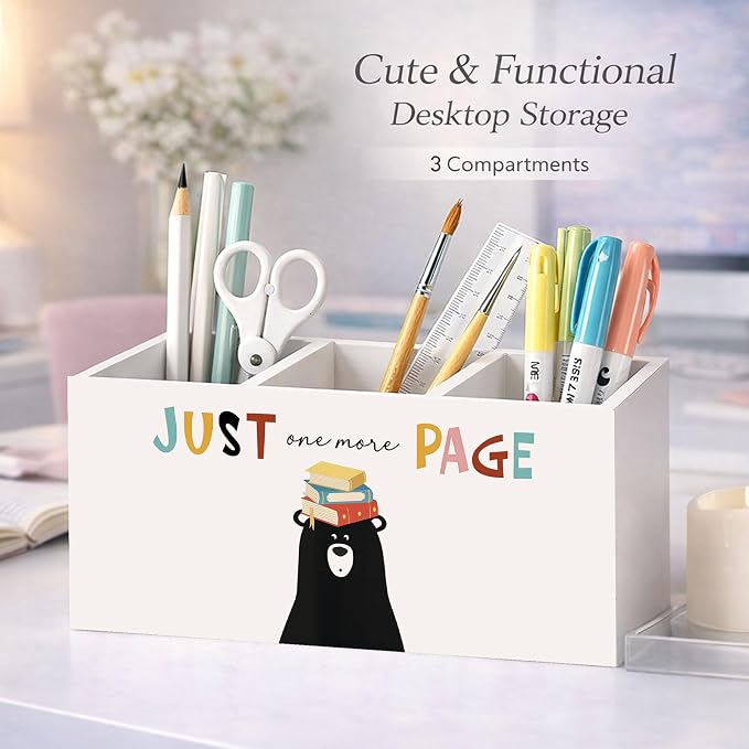 Just One More Page Black Bear 3-Compartment Desk Organizer, Wooden Pencil Holder for Pens, Pencils, Scissors & Rulers, Cute Reading Theme for Home, Kids, Office