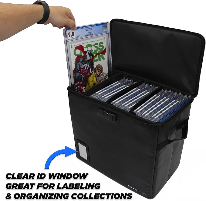 CASEMATIX Graded Comic Book Storage Fits 30 CGC Graded Comics, Hard Shell Fire Resistant Comic Bin with Three Internal Comic Book Box Dividers, Includes Zipper Lock