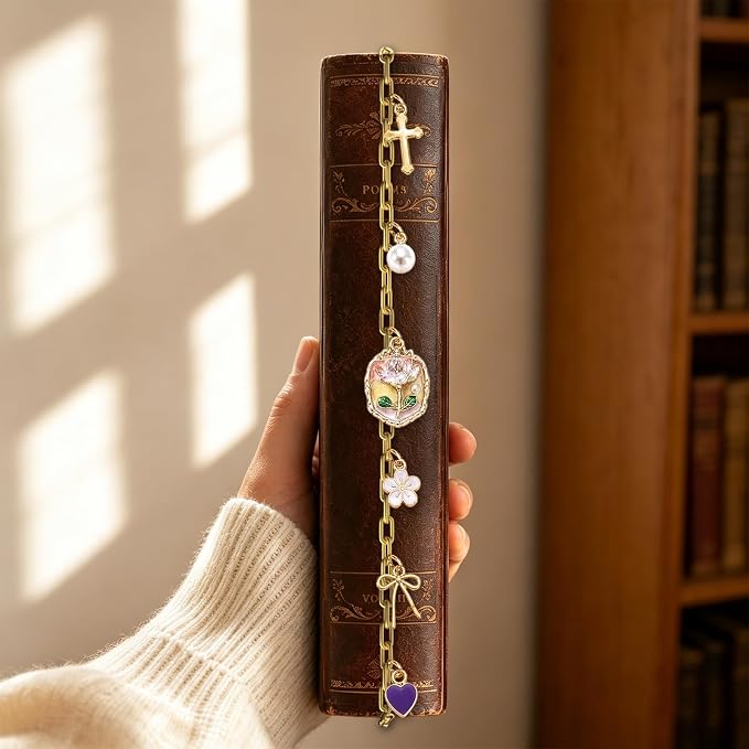 Floral Pearl Heart Bow Bible Charm Chain - Christian Biblebook Accessory Faith Gift, Scripture Bookmark Decor for Bible Spine Edge, Religious Charms for Book Lovers