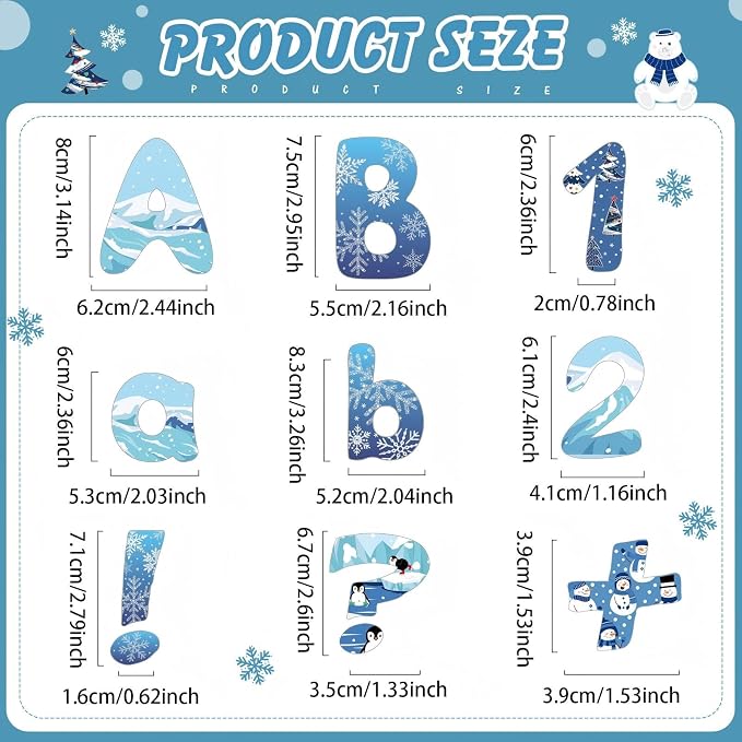 221 Pcs Winter Bulletin Board Letters Blue Round Alphabet Number Punctuation Symbol Combo Letter Cutouts Snowflake Classroom Decoration for Winter School Chalkboard Poster Board