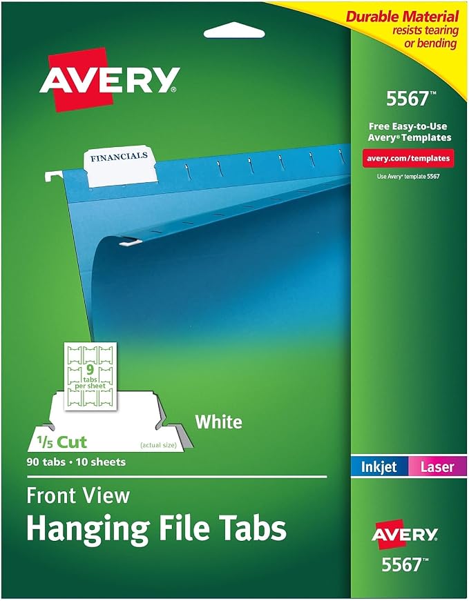 Avery 5567 Hanging File Tabs,Laser/InkJet,1/5 Tabs,8-1/2-Inch x11-Inch,90/PK,WE