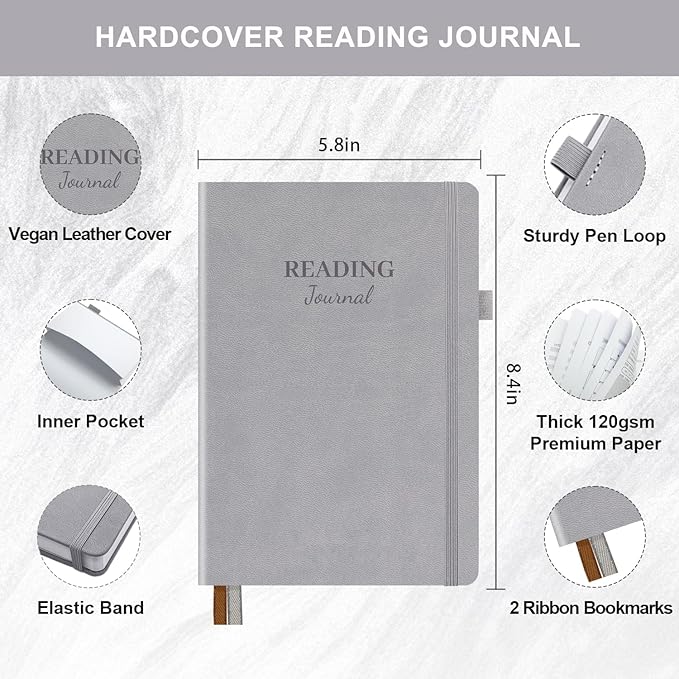Reading Journal with 104 Book Reviews, Book Journal for Books Lovers & Readers - Review and Track Your Reading Progress, Reading Log Notebook Gift, A5, Gray