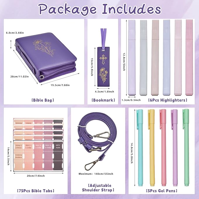 19PCS Floral Purple Leather Bible Cover for Women Bible Cover Cases for Teen Girls Christmas Gift Christian Church Carrying Bag Journaling Kit with Shoulder Strap Highlighter Pens & Book Marker