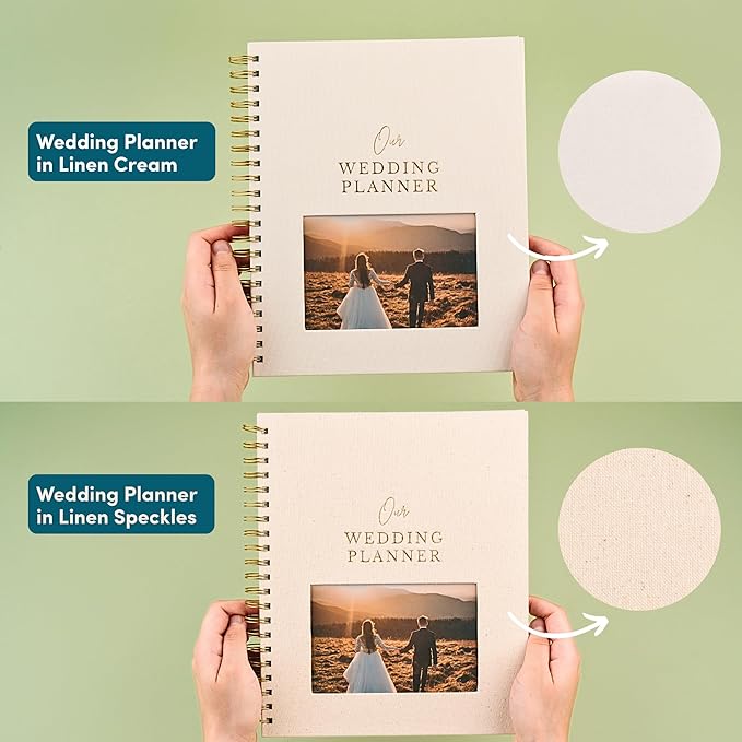 Timeless Premium Linen Wedding Planner Book and Organizer – Wedding Planning Book, Comprehensive Keepsake & Countdown Binder, Perfect Engagement Gift for Women, Customizable Front Photo Window (Cream Speckles)