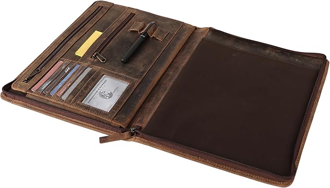 KomalC Leather Portfolio with Zipper Closure | Business Padfolio for Documents, Tablets & Accessories | Vintage Full-Grain Leather Organizer for Professionals
