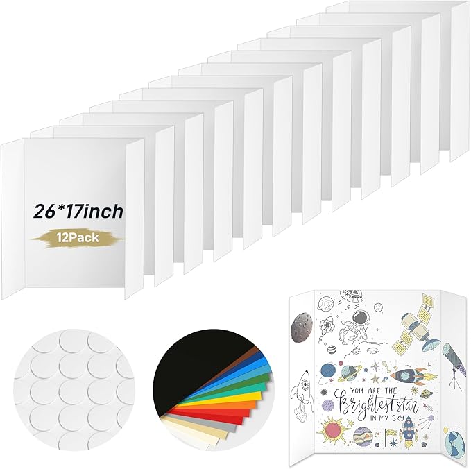 PSHVYM 12 Pcs Medium Trifold Poster Board, 26 x 17 inches with Double Sided Tapes and Cardboard, Corrugated Presentation/Display Board for School Project, Science Fair, Business