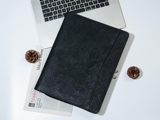 Free Engraved Name, Personalized PU Leather Portfolio, Embossed Resume Padfolio Folder with A4 Size Clipboard, Professional Business Organizer Folio, Gift for Women/Men, Customized(Black)