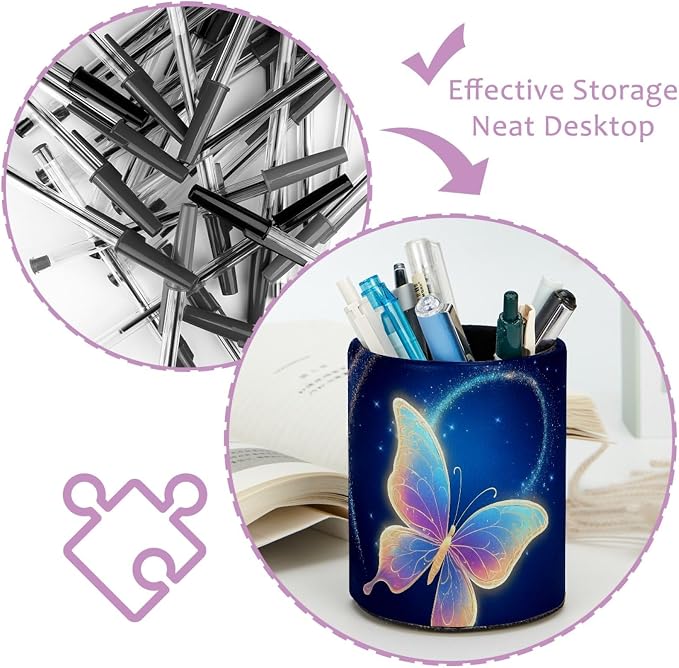Leather Pen Holder for Desk, Butterfly Makeup Brushes Holder Pencil Cup Multifunctional Desktop Organizer Caddy for Home School Office Desk Accessories