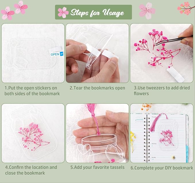50 Pcs Bookmark Making Kit Transparent, Book Marks Set DIY Dried Flower, Include Clear Bookmarks, Colorful Tassels, Tweezer and Open Tags, Handmade Large Size Bookmark Page for Women