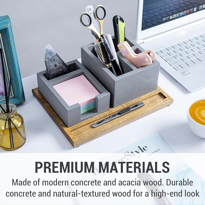 MyGift Desk Tray Concrete Desk Organizer Office Desktop Pen Holder Sticky Note Storage & Acacia Wood Tray – 3-Piece