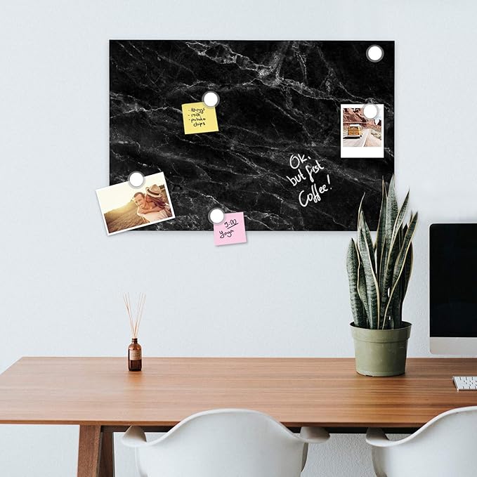 Navaris Magnetic Dry Erase Board - 16 x 24 inches Decorative White Board for Wall with Design, Includes 5 Magnets and Marker - Black Marble