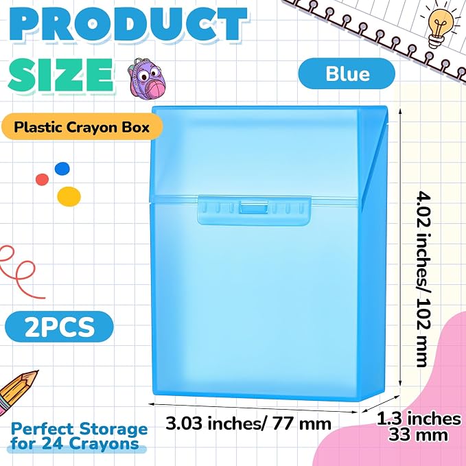 Clabby 2 Pcs Plastic Crayon Organizer Case for 24 Count Crayons Kids Art Supply Storage Box with Lid, Portable Holder for Classroom Home Travel, Fits Standard 24-Pack Crayon (Blue)