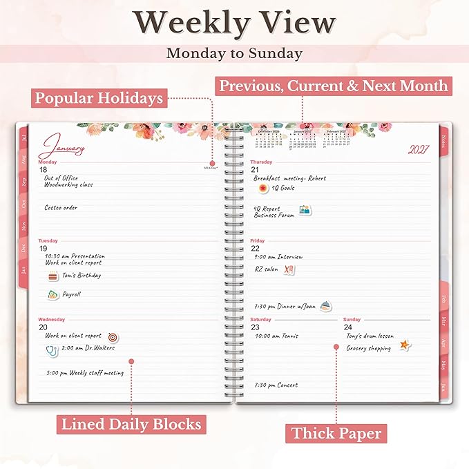 CRANBURY 2026-2027 Academic Planner 8.5x11, July 2026 to June 2027, Weekly Daily Organizer with Monthly Tabs, Floral Theme, Spiral Bound, Agenda Book