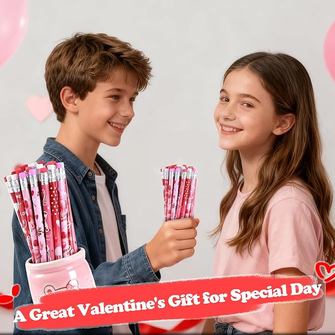 120 Pcs Valentine Pencils Bulk with Erasers, 12 Unique Heart Themed Design for Valentine Goodies Prize Gift Favor Party Supplies