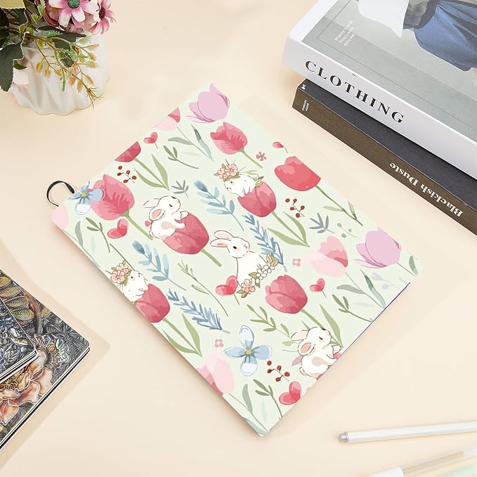 CRASPIRE Flower Stretchable Book Cover Tulip Bunny Pink Washable Reusable Large Nylon Cloth Polyester Book Protector Elastic Notebook Wraps Suitable for Most Hardcover Books