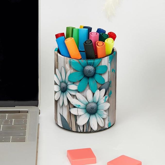 Pen Pencil Holder for Desk, Teal Daisy Butterfly Farmhouse Makeup Brush Holders Leather Pen Organizer Pencil Caddy for Office Home Art Supply