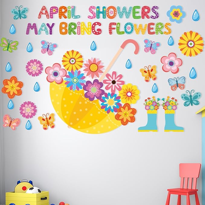 Qyeahkj April Showers Bring May Flowers Decorations Set Spring Theme Flower Bulletin Board Cutouts Colorful Paper Cut Outs for Easter Spring School Classroom Whiteboard Home Party Decor Supplies