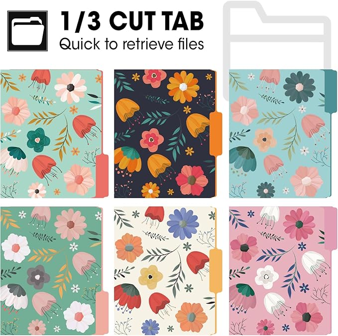 24 Pack Decorative File Folders, 1/3 Cut Tab Floral Colored Folders Letter Size 8.8 x 11.6 Inch, Assorted 6 Styles Filing Folder for Office School Business